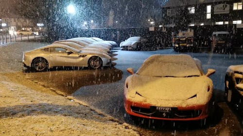 Ferrari Sports Car Parked While Snowing