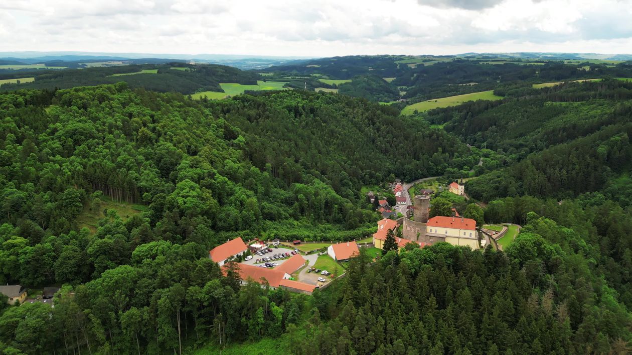 An aerial view of a village surrounded by green hills Free Stock Video ...