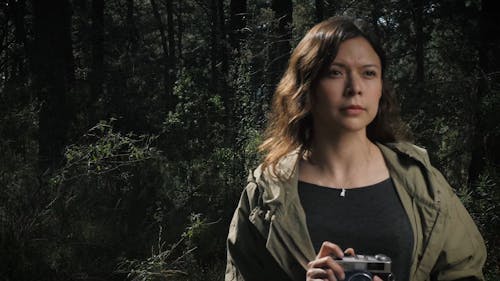 一个女人在树林里拍张照片的慢动作镜头