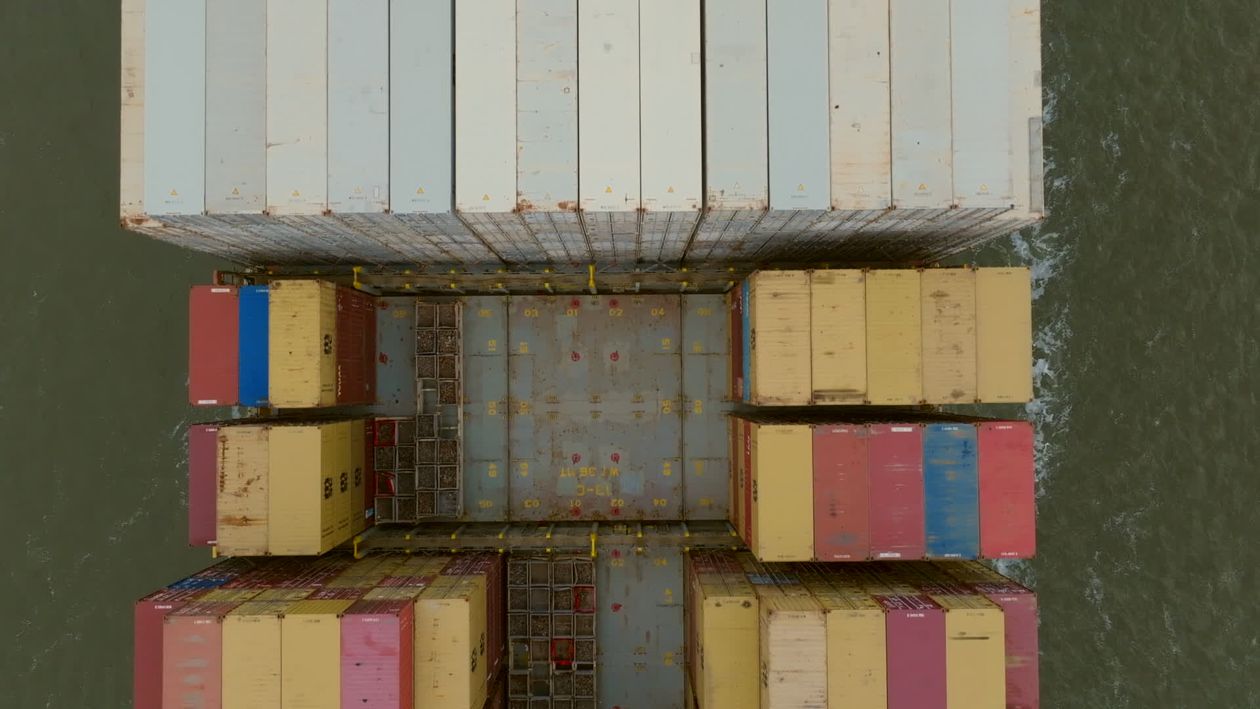 Single Shipping Container Aerial Aerial view of containers stacked on a ship Free Stock Video Footage ...