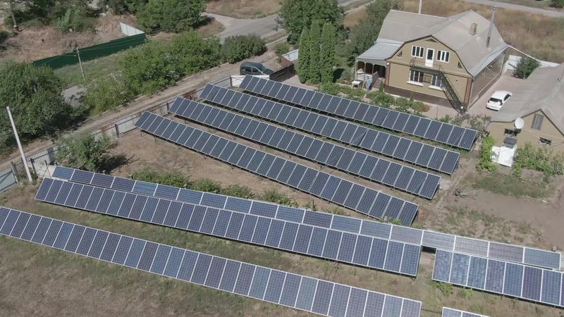 Aerial view of a solar farm in the countryside