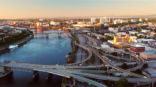 Aerial Footage Of A City And Its Highway System 