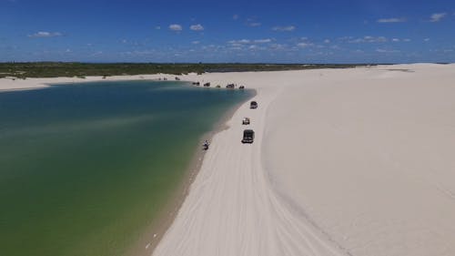 Drone Footage Of Off-Road Vehicles Crossing Sandy Shores