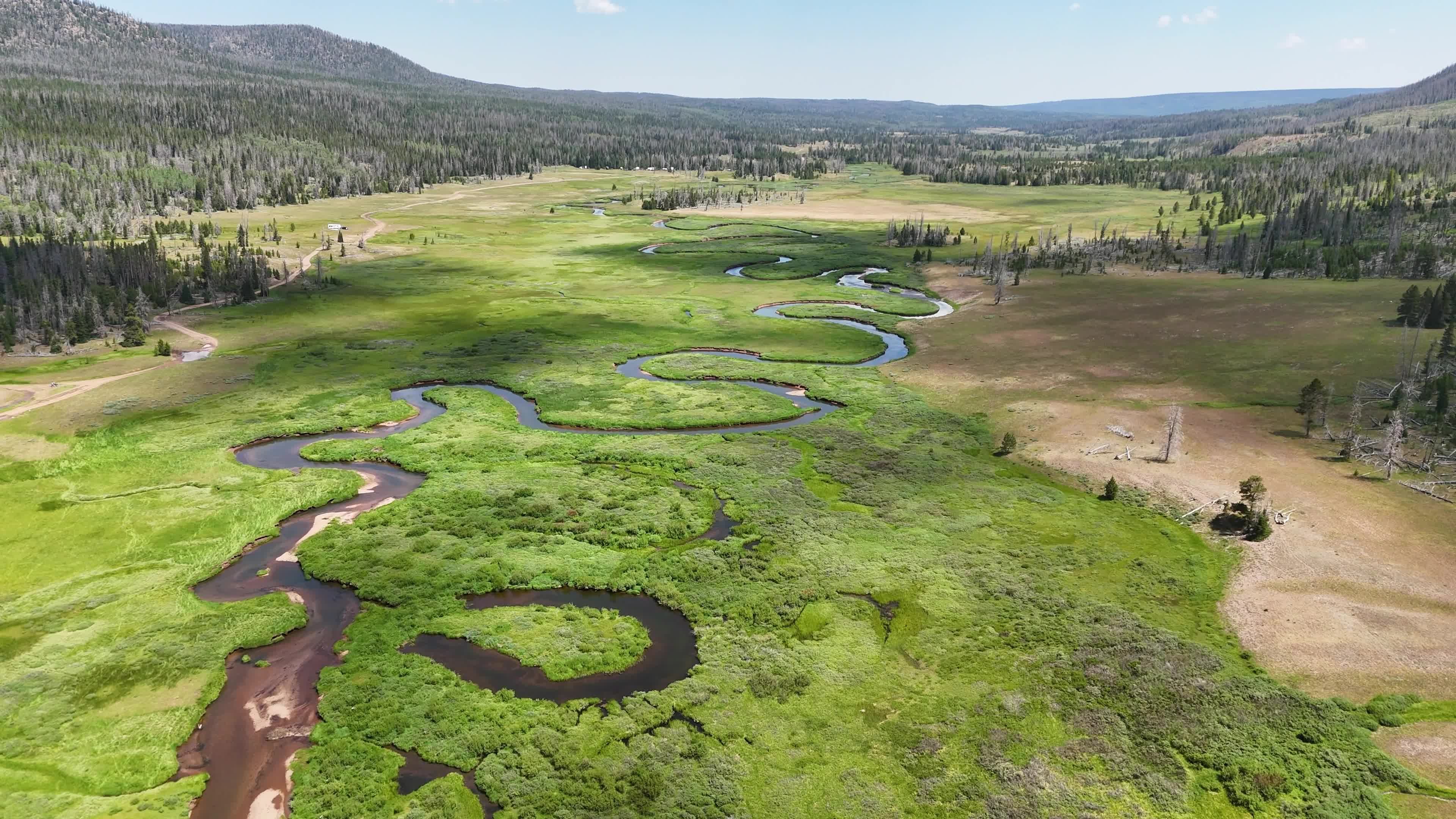 The aerial view of a river and grassy field Free Stock Video Footage ...