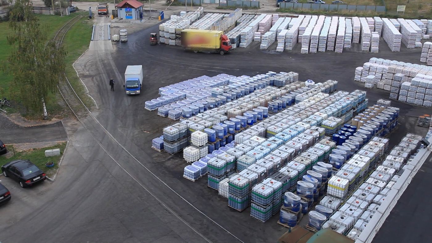 Chemical drums and containers in storage yard