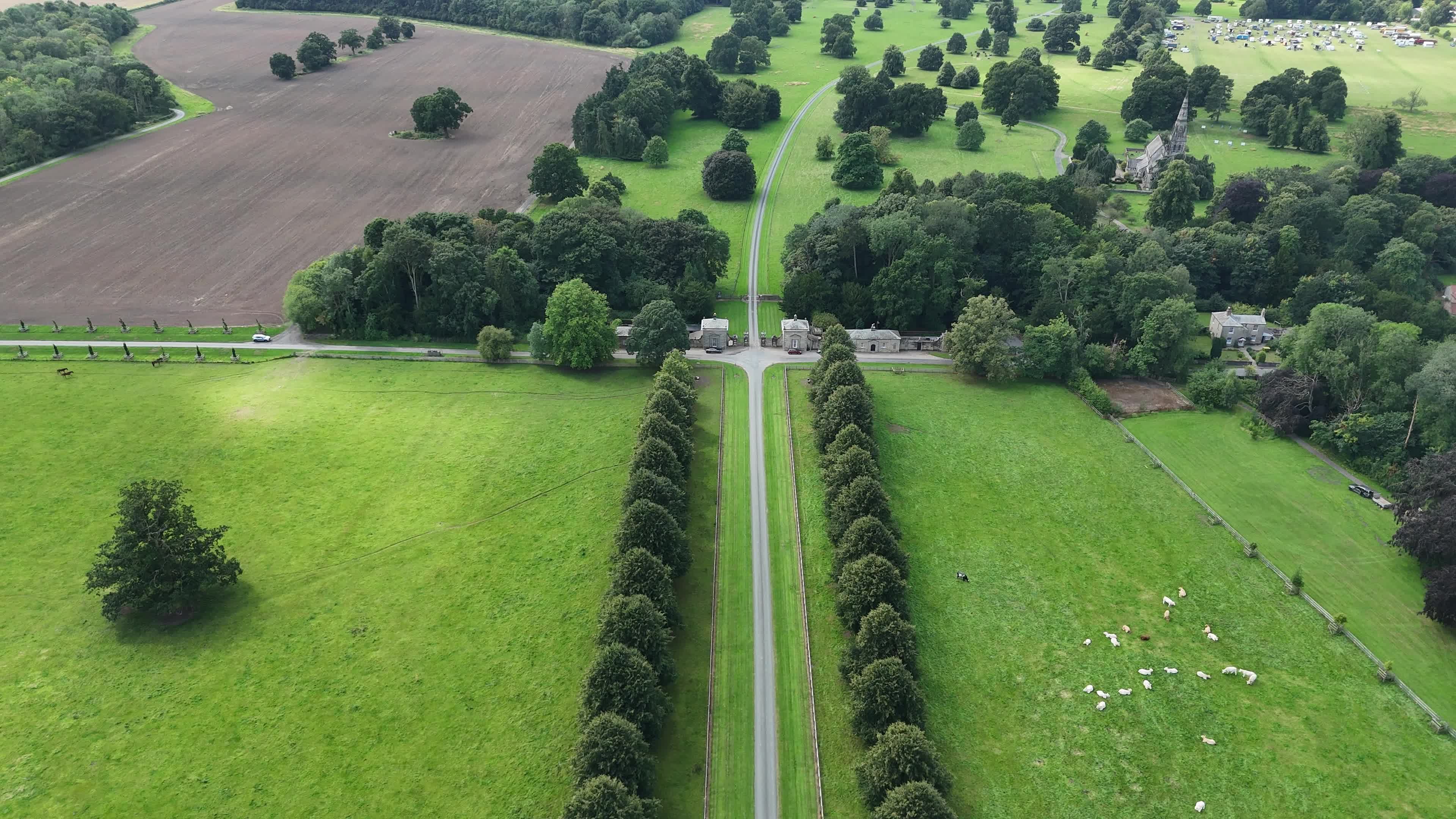 An aerial view of a field with a road and trees Free Stock Video ...