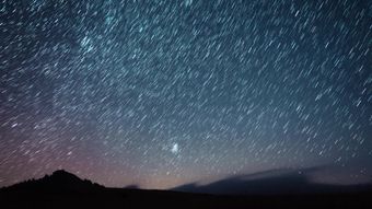 星轨延长，同时一颗人造卫星划过天际视频素材