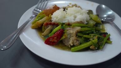 a plate of food with rice vegetables and meat