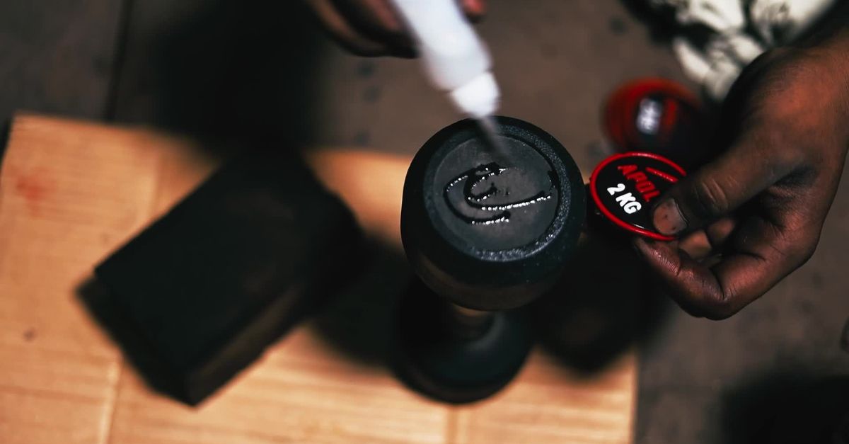 Gym Factory worker pasting logo and finishing Dumbbell - Iron Factory ...