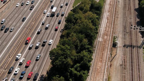 Aerial Footage Of A Traffic In A Multi-lane Expressway