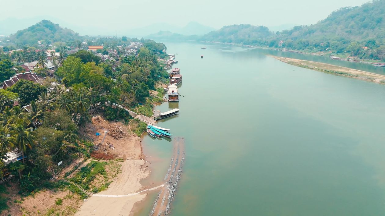 Aerial view of the river and boats Free Stock Video Footage, Royalty ...