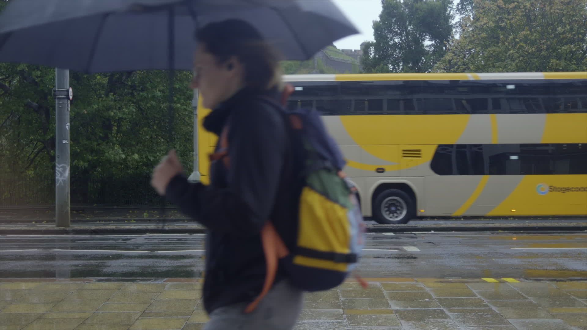 rainy street scene with passing buses and cyclists 28638123