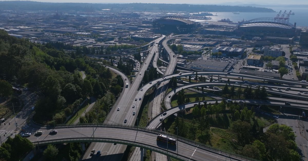 Aerial View of Seattle Highway Interchange at Day Free Stock Video ...
