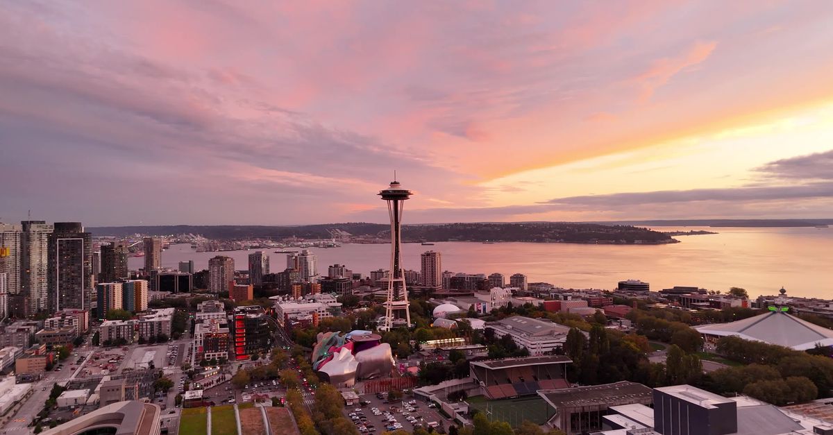 Seattle Skyline at Sunset Featuring Space Needle Free Stock Video ...