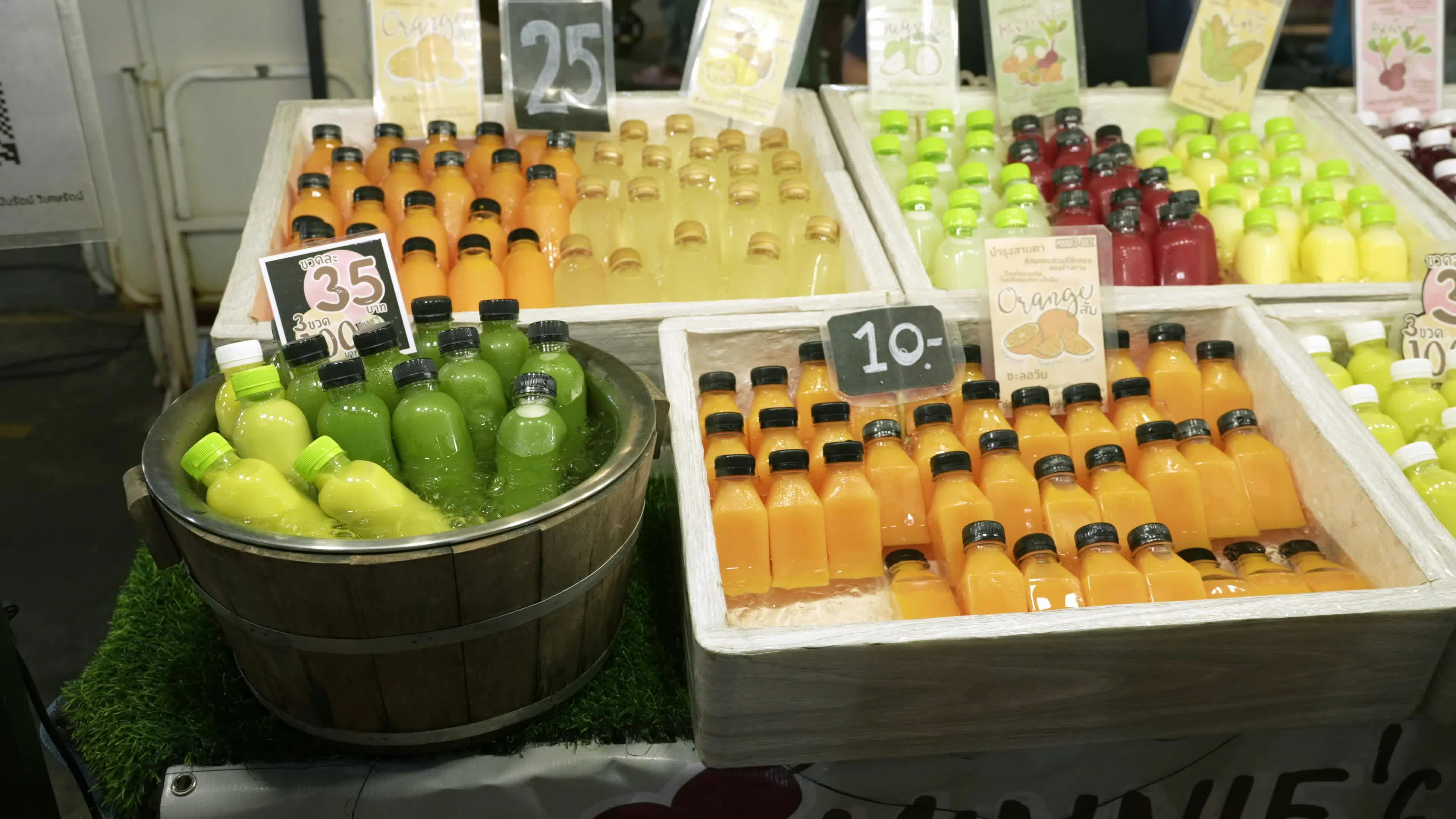Vibrant Night Market Juice Stall in Thailand Free Stock Video Footage