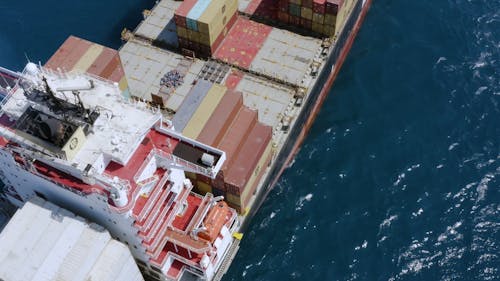 Aerial Footage Of A Cargo Ship At Sea Loaded With Containers 