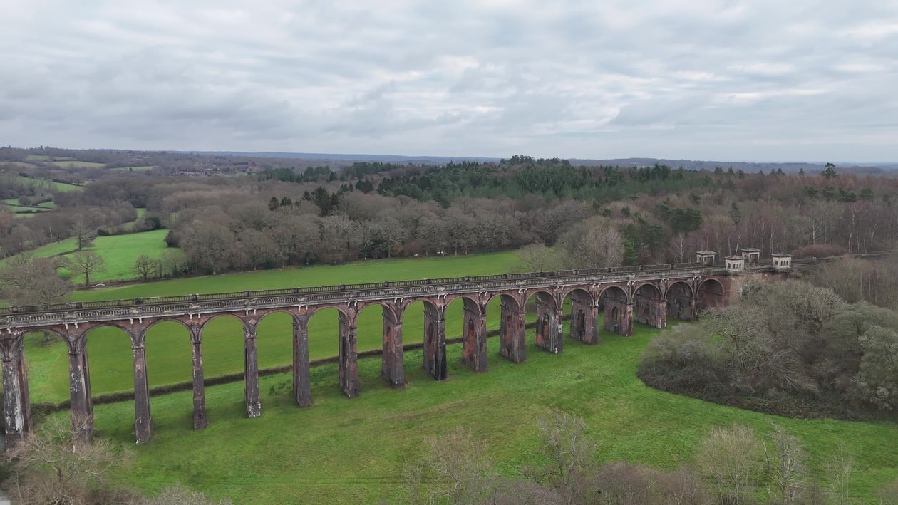 Aerial View of Historic Viaduct in Lush Countryside Free Stock Video ...