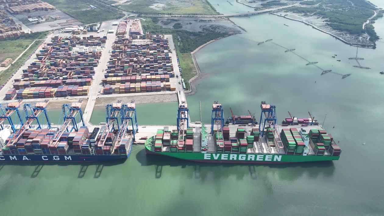 Evergreen Container Ship Layout Aerial View of Evergreen Container Ship in Port Free Stock Video ...