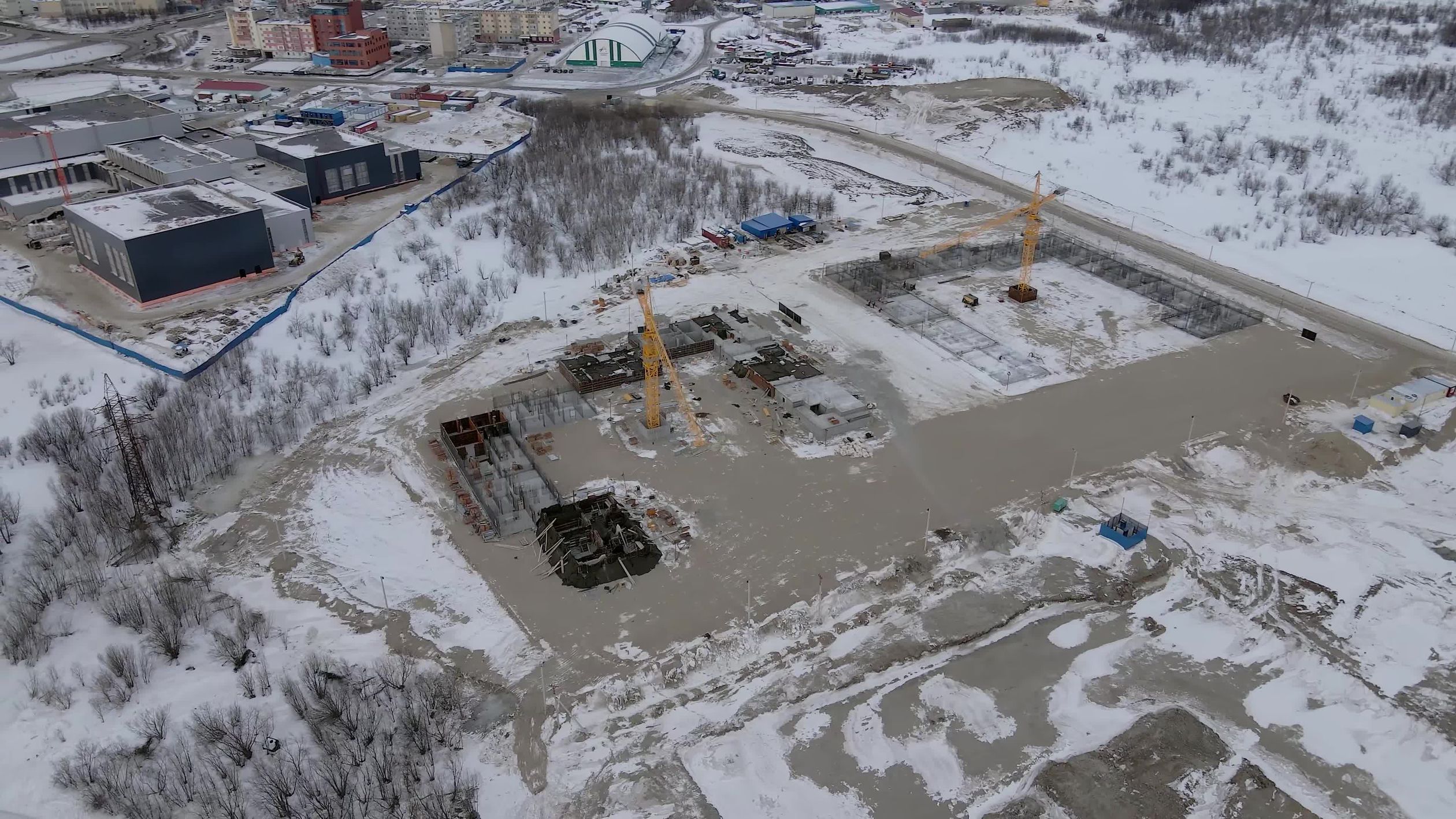 Civil Engineering Cold Winter Aerial View of a Snowy Construction Site Free Stock Video ...