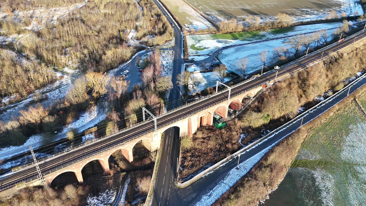 Aerial View of Railway Viaduct in Winter Landscape Free Stock Video ...