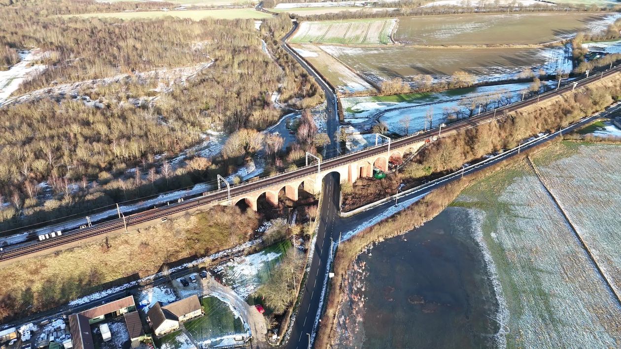 Aerial View of Viaduct in Winter Landscape Free Stock Video Footage ...