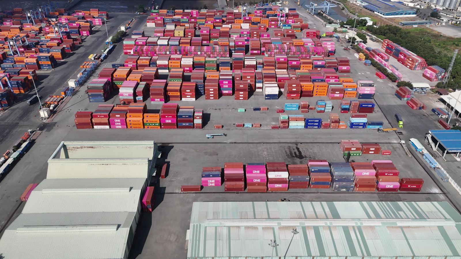 Aerial View of Bustling Container Yard Free Stock Video Footage ...