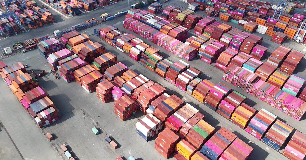 Aerial View of Colorful Container Yard at Busy Port Free Stock Video ...