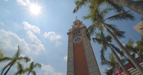 A Clock Tower Standing Tall And Above The Palm Trees Besides It