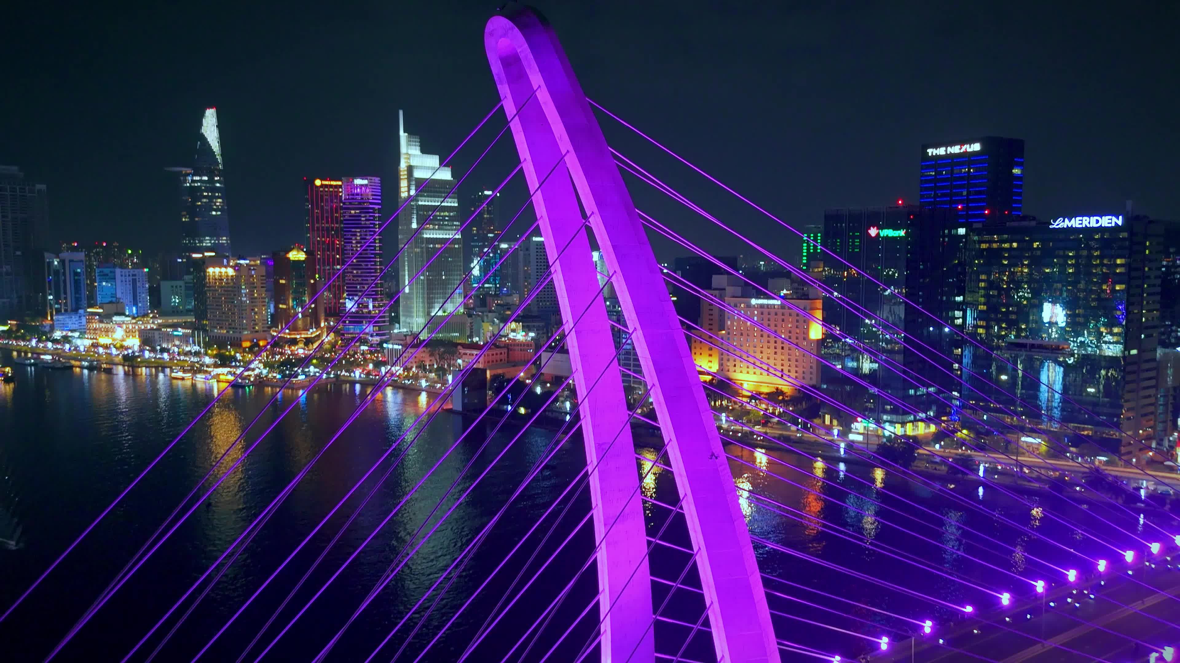 Aerial Night View of Thu Thiem 2 Bridge in Saigon Free Stock Video ...