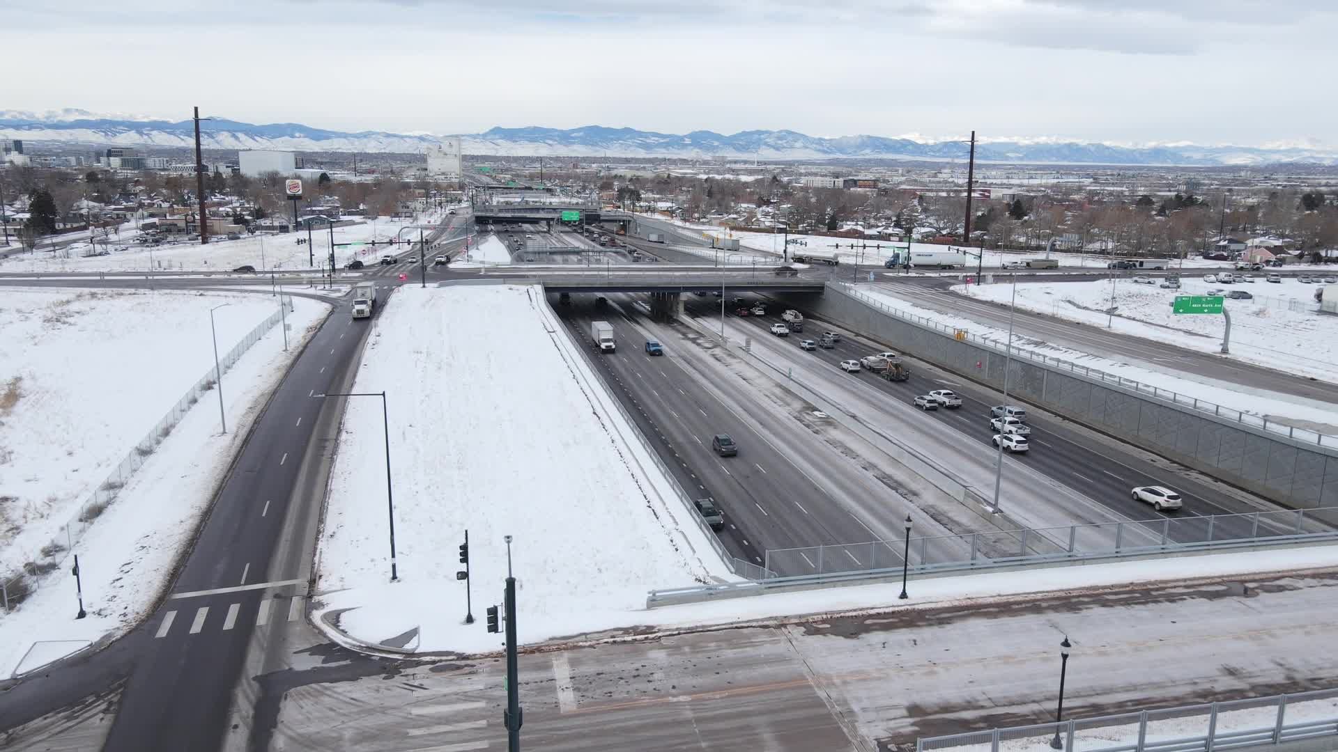 Aerial View of Snowy Interstate 70 Traffic in Denver Free Stock Video ...