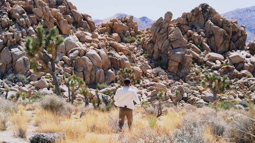 自然の岩層に向かって移動する人