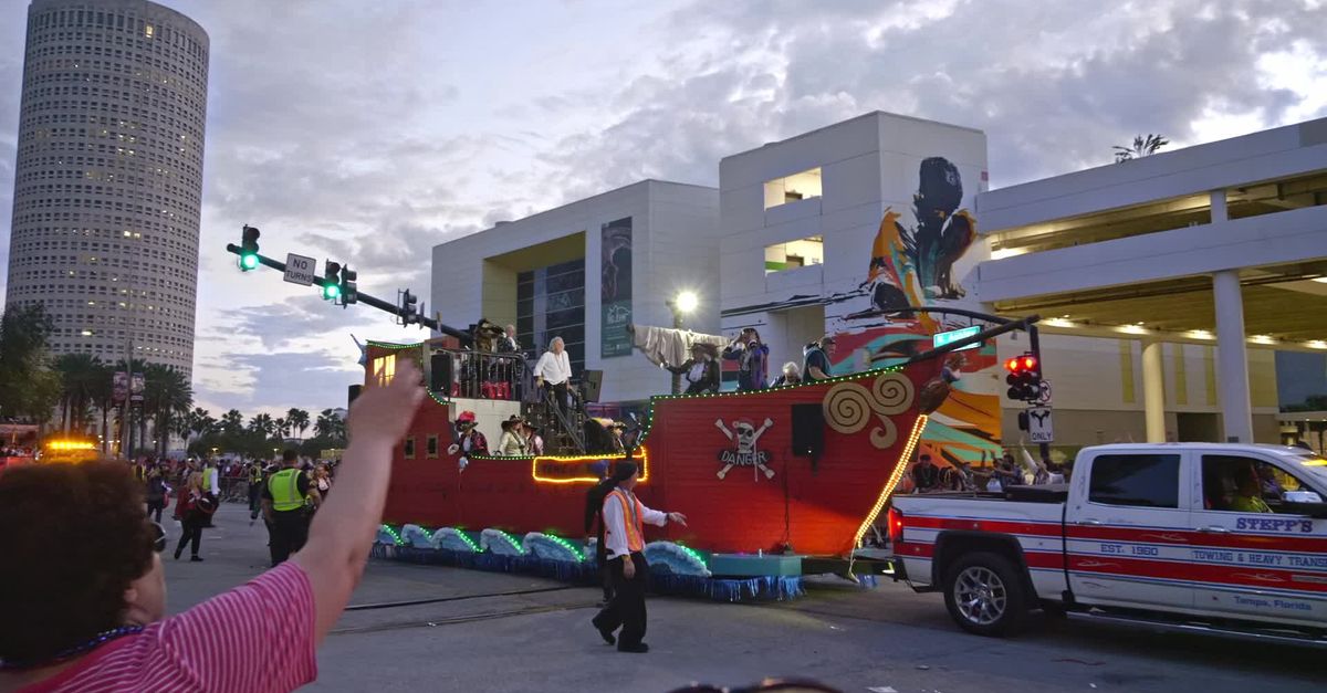 Festive Parade with Pirate Ship Float in City Free Stock Video Footage ...