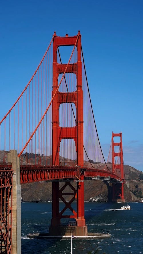 Blue Waters With  Red Suspension Bridge