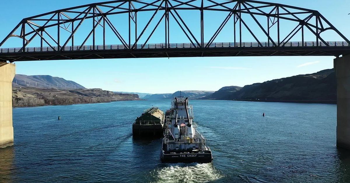 Biggs Bridge Aerial View of Tugboat Under Gorge Bridge Free Stock Video Footage ...