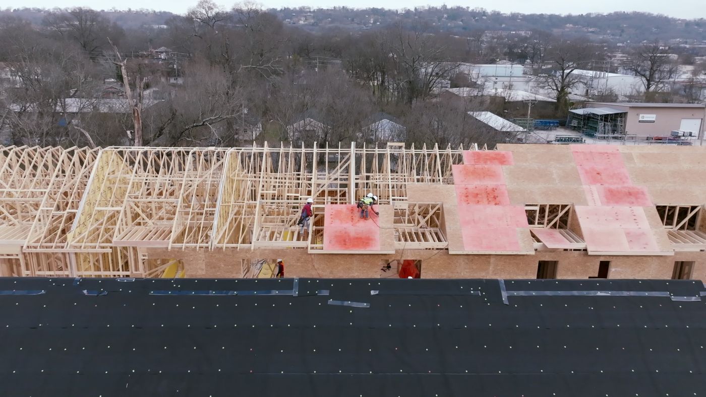 Aerial view of commercial roofing construction project
