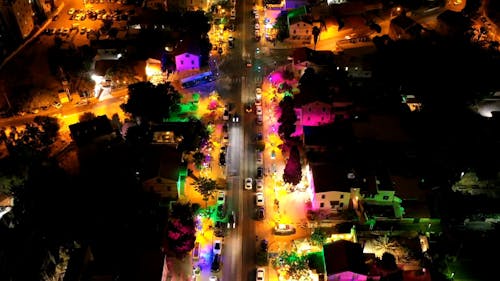 Aerial Footage Of A Colorful Lights In The Street At Night