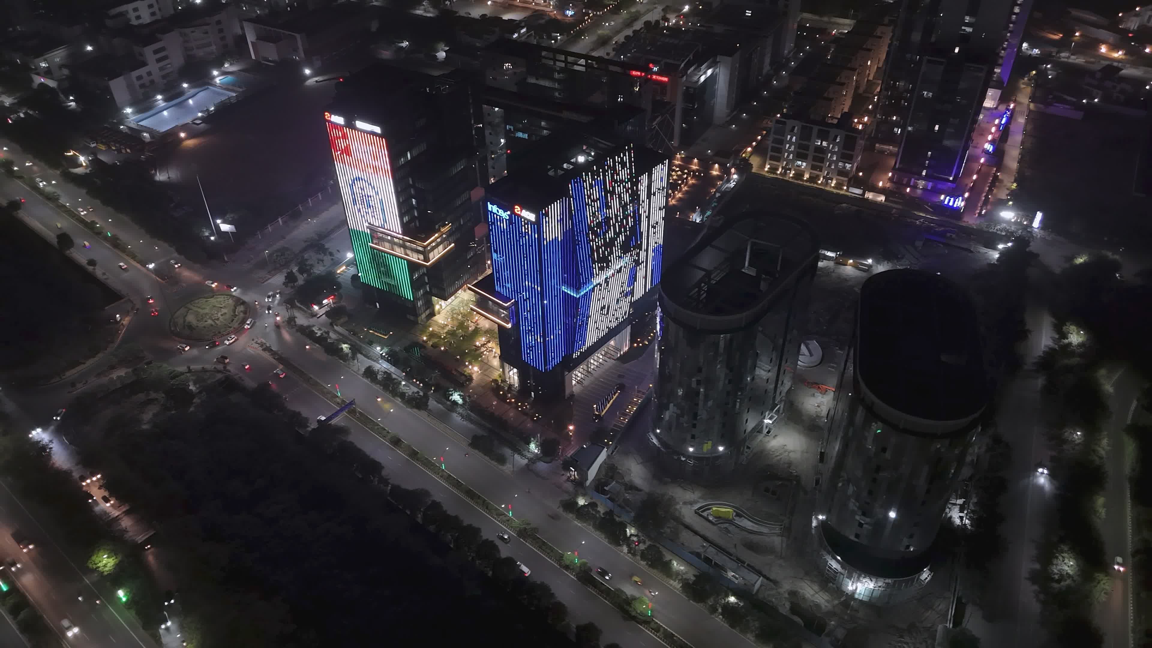Aerial Night View of City Skyline with Lit Buildings Free Stock Video ...