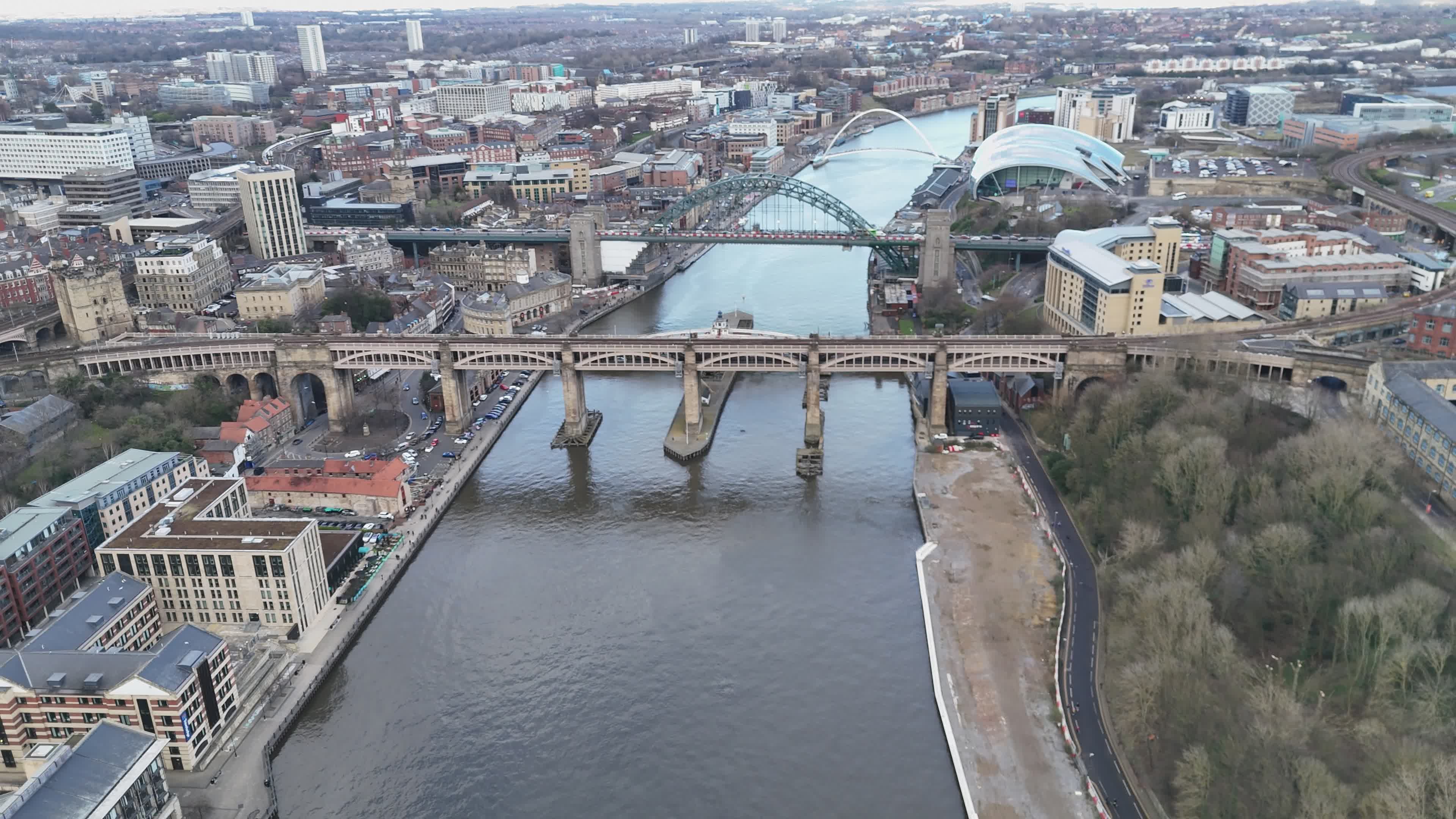 Aerial View of River and Bridges in Newcastle Free Stock Video Footage ...