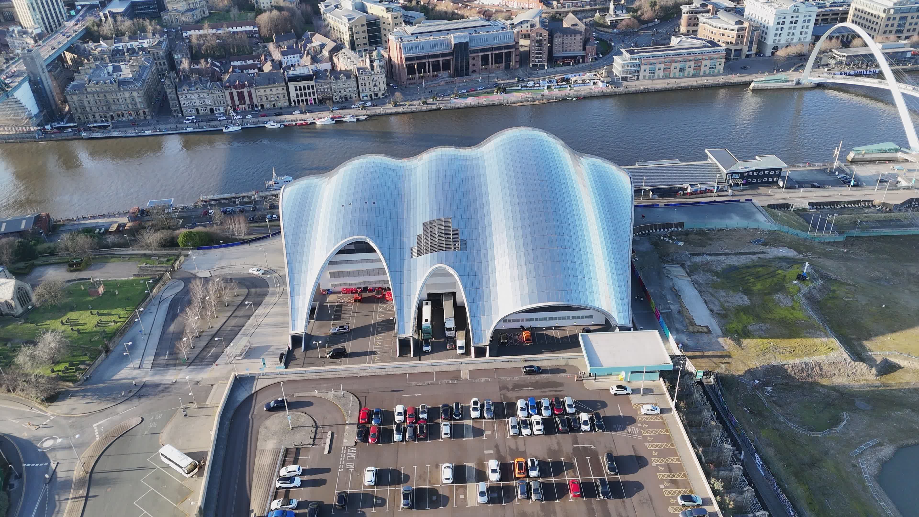 Aerial View of Modern Riverside Building Free Stock Video Footage ...