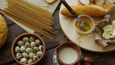 food set up on top of a wooden table