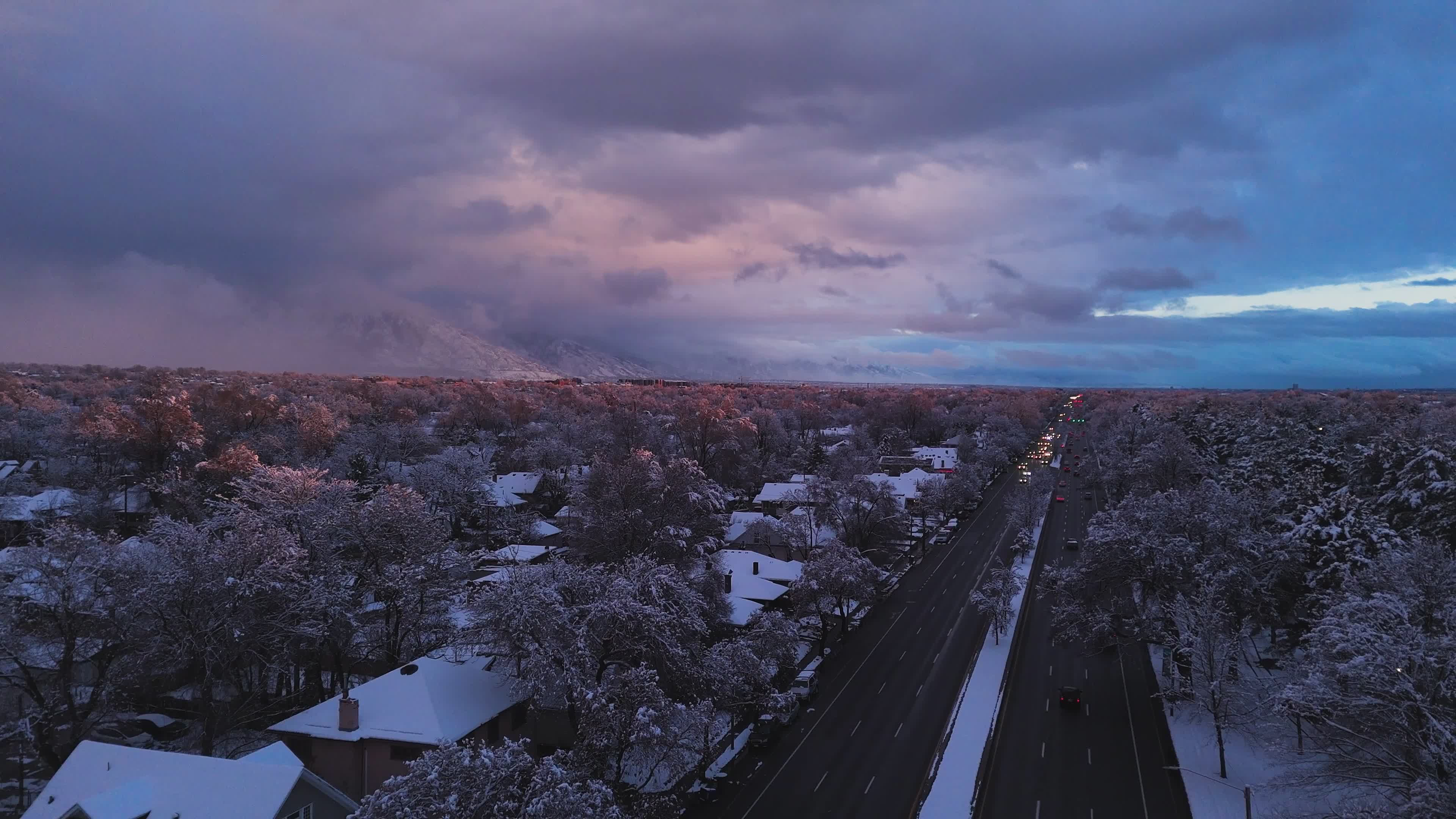 Aerial Winter View of Snowy Suburban Street Free Stock Video Footage ...