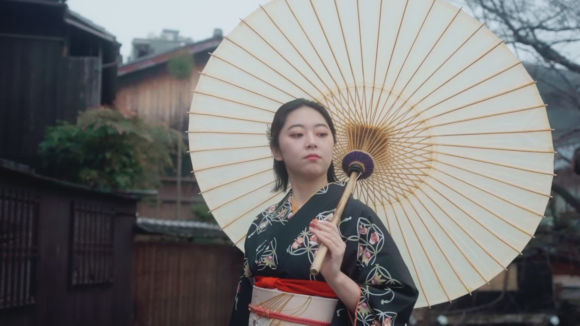 Traditional Geisha in Kimono with Umbrella Free Stock Video Footage ...