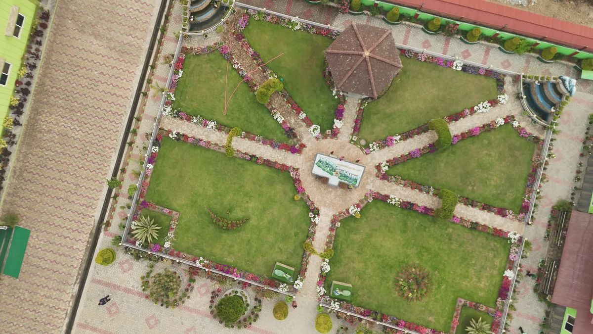 Aerial view of a symmetrical designed garden landscape