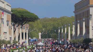 vibrant crowd gathered in european street marketplace