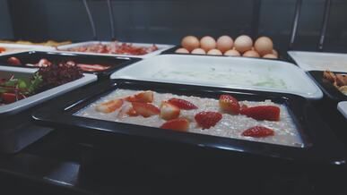 delicious buffet with fresh fruits and eggs