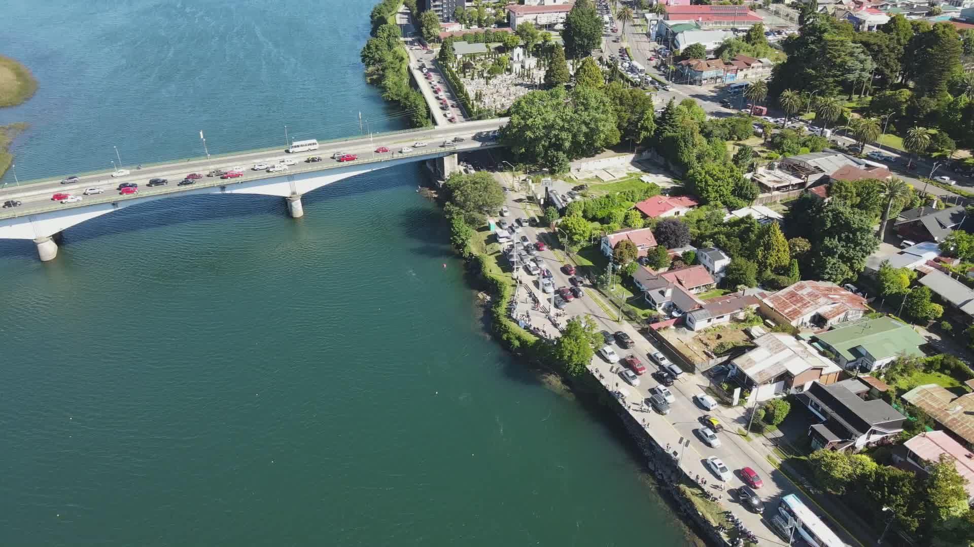 Aerial View of Urban Riverside Bridge Scene Free Stock Video Footage ...