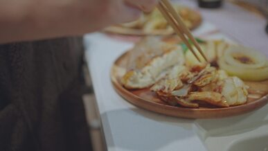 japanese home dinner with fish and gyoza