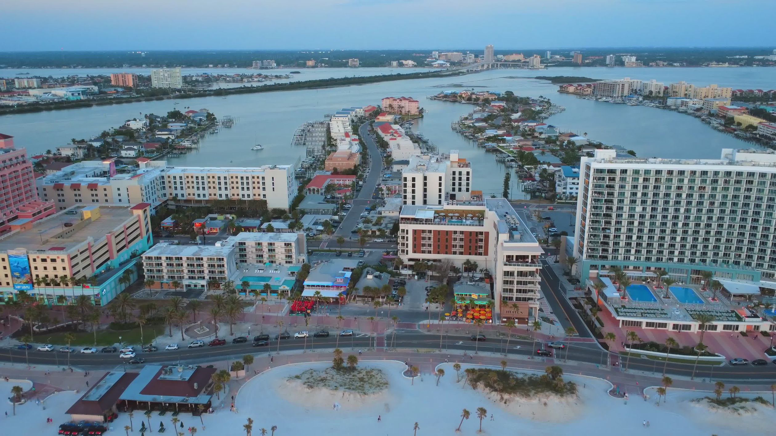 Aerial View of Coastal City at Dusk Free Stock Video Footage, Royalty ...