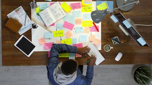 A Person Working On A Computer And Writing Notes On Pieces Of Papers