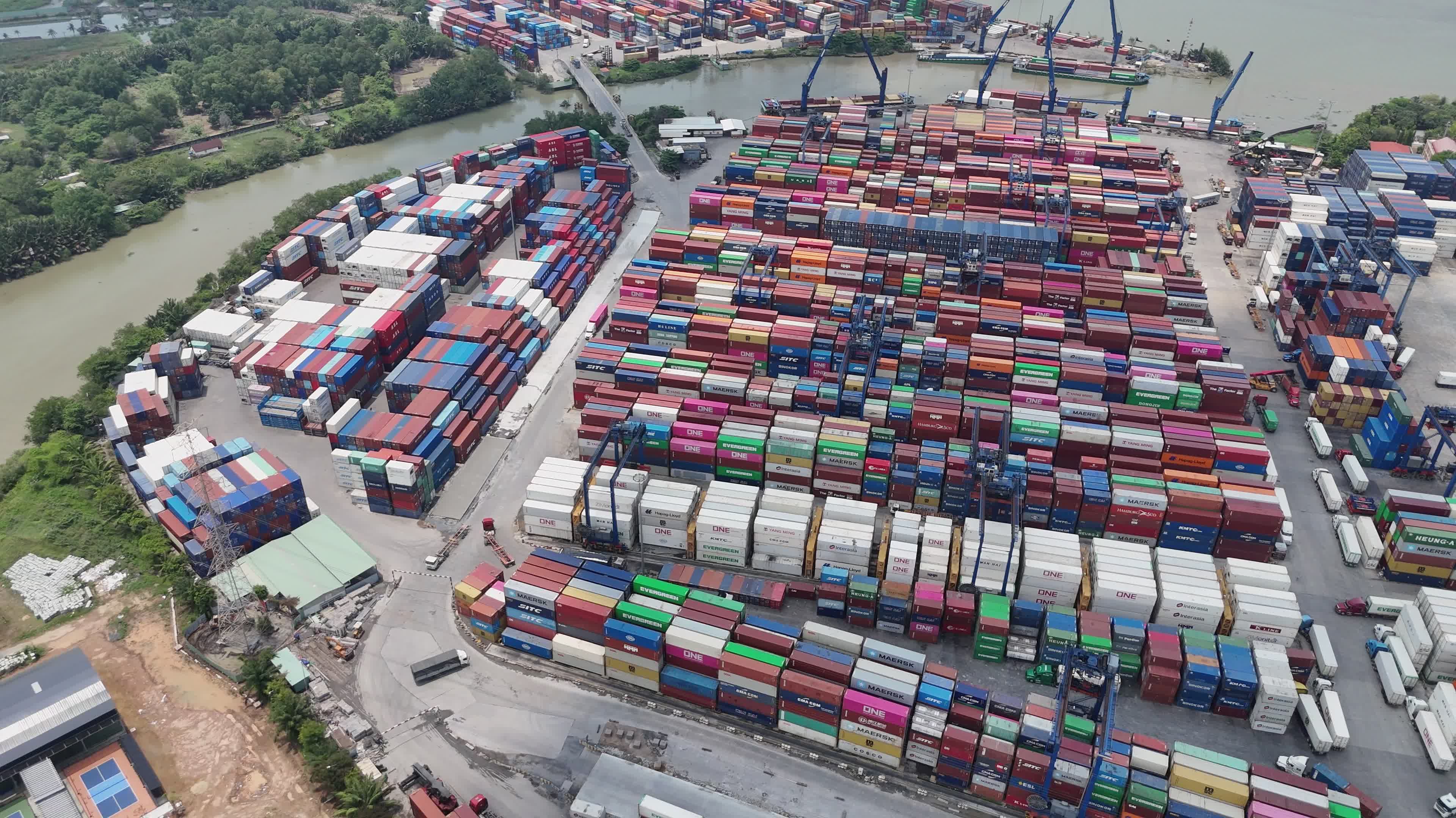 Aerial View of Port with Stacked Shipping Containers Free Stock Video ...